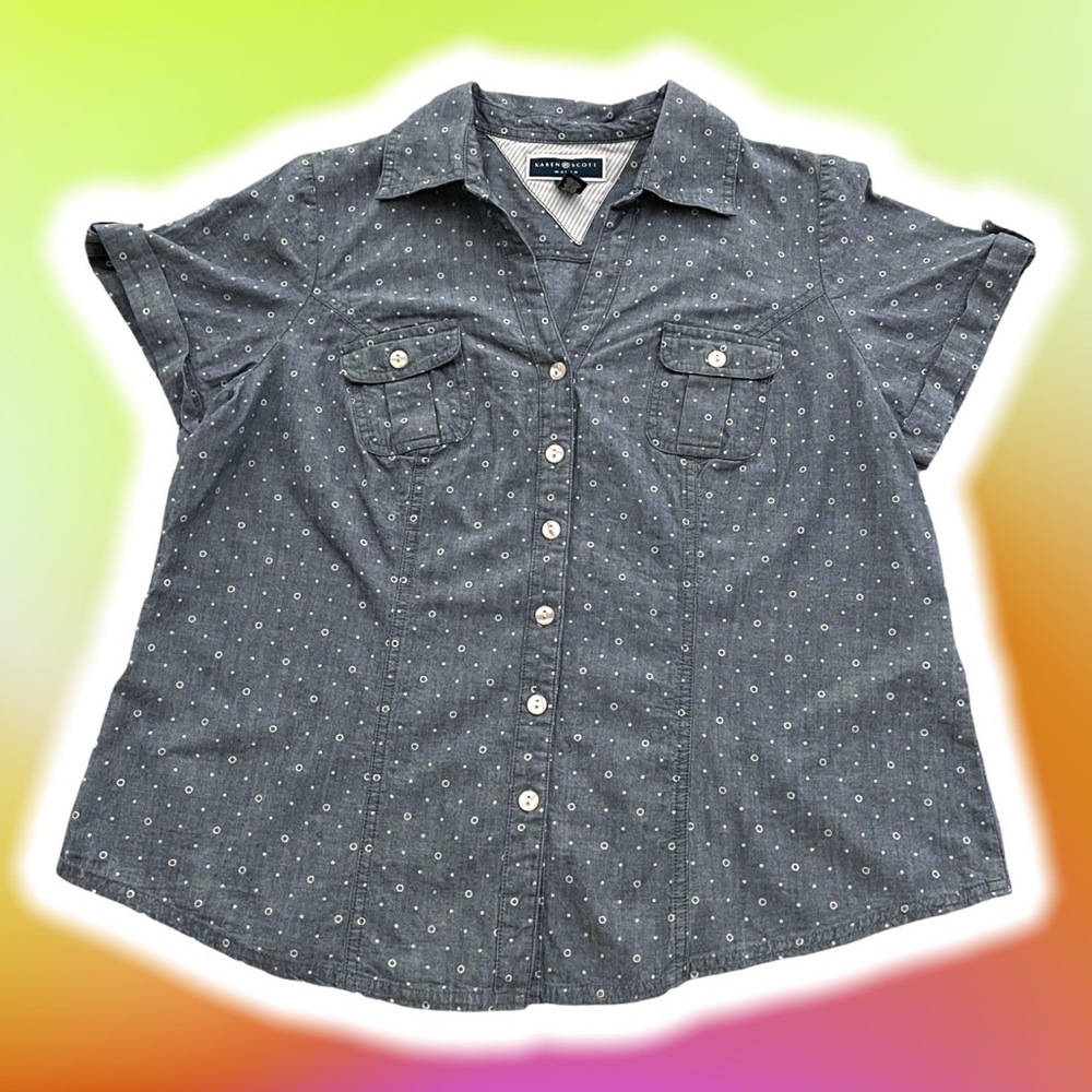 Karen Scott woman button down blue with dots sz 0X